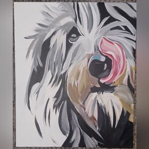 Original Acrylic Chic Canine Art Canvas - Black, White, and Pink